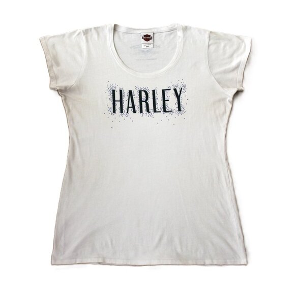 HARLEY DAVIDSON Retro (2013) Fitted T-Shirt in White, Rhinestone Biker Tee (2XL) - Picture 1 of 8